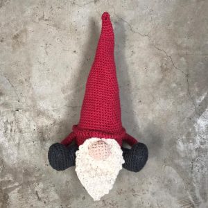 Small Crochet Gnome with tall hat, big nose, long white beard and black boots