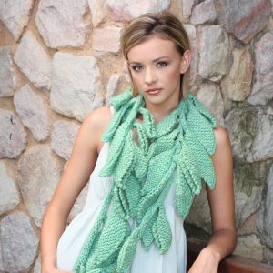 De Vine Scarf - pale green knitted leaves hanging from an i-cord stem