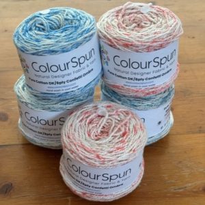Pure Cotton Confetti Ombre – 6 shades of a colour are randomly sprinkled to to give a dappled effect on a single ball of yarn.