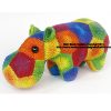 Colourful hand-knitted hippo toy made from knitted, modular motives. Features a soft, cosy finish with bright rainbow hues and button eyes. Designed by Heidi Bears.