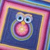 A colourful crocheted blanket featuring a stylised owl at the centre, surrounded by multiple textured square borders in bright shades of blue, pink, yellow, purple, and green.