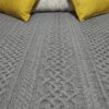 Close up of the grey Cable Me Cosy blanket with a central Celtic knot cable strip and lattice strips either side